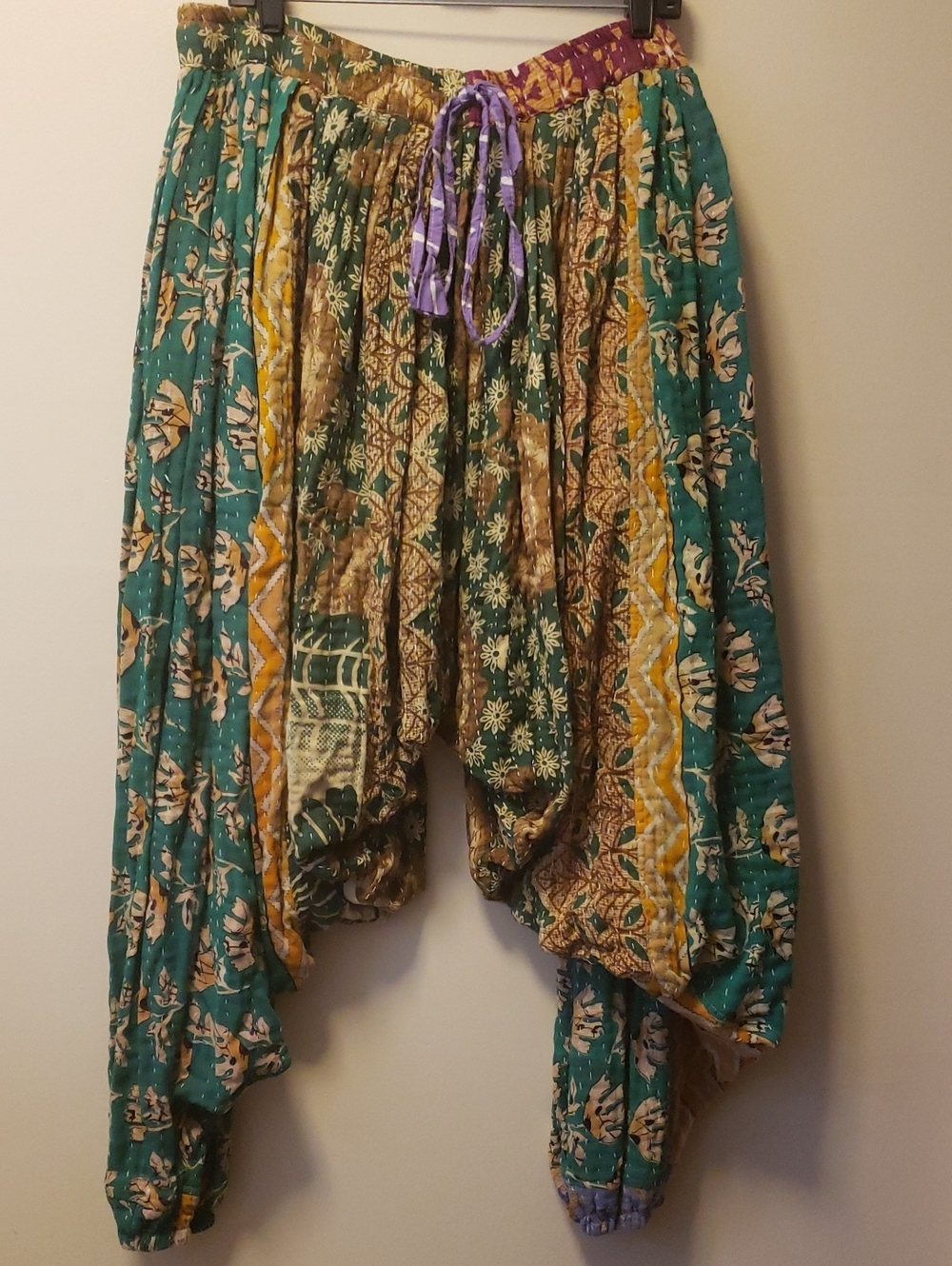 New Reversible Heavy Boho Patchwork Harem/Dhoti Pants in Teal, Mustard & Olive